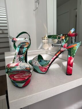 Dolce & Gabbana Floral Platform Ankle-Strap Heels - Green Multi